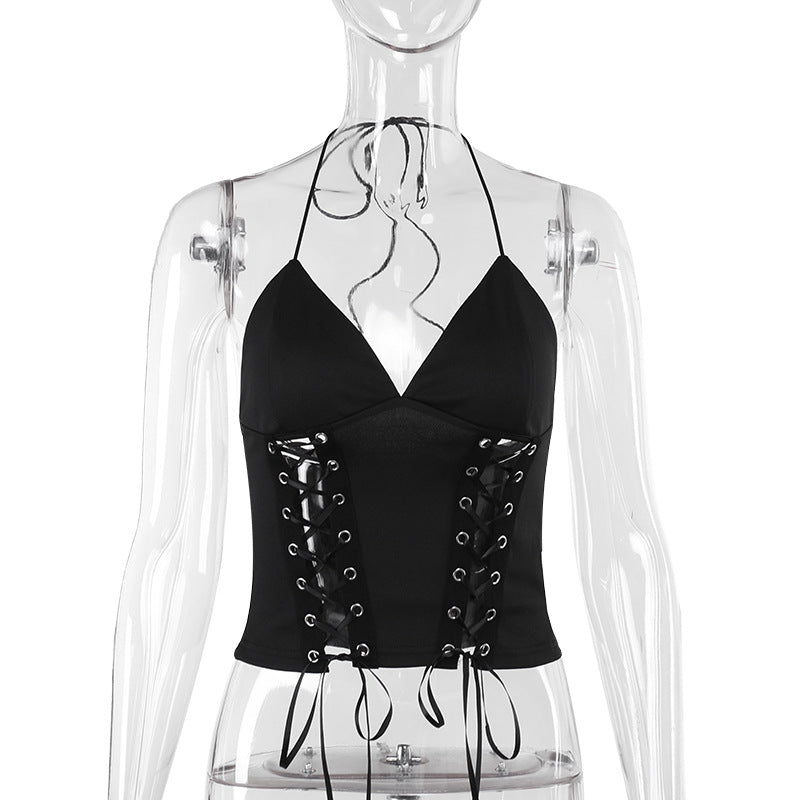 Cropped Halter Top with Lace-Up Corset Detail