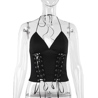 Cropped Halter Top with Lace-Up Corset Detail