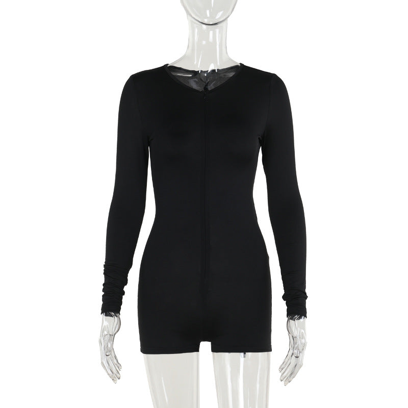 Bodycon Short Romper with Zipper V-Neck and Long Sleeves