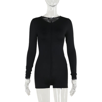Bodycon Short Romper with Zipper V-Neck and Long Sleeves