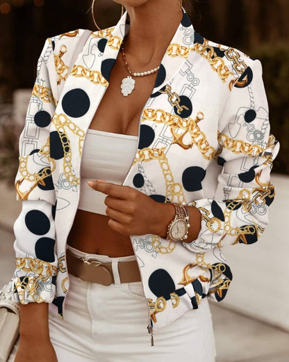 Collarless Printed Bomber Jacket with Zipper Front