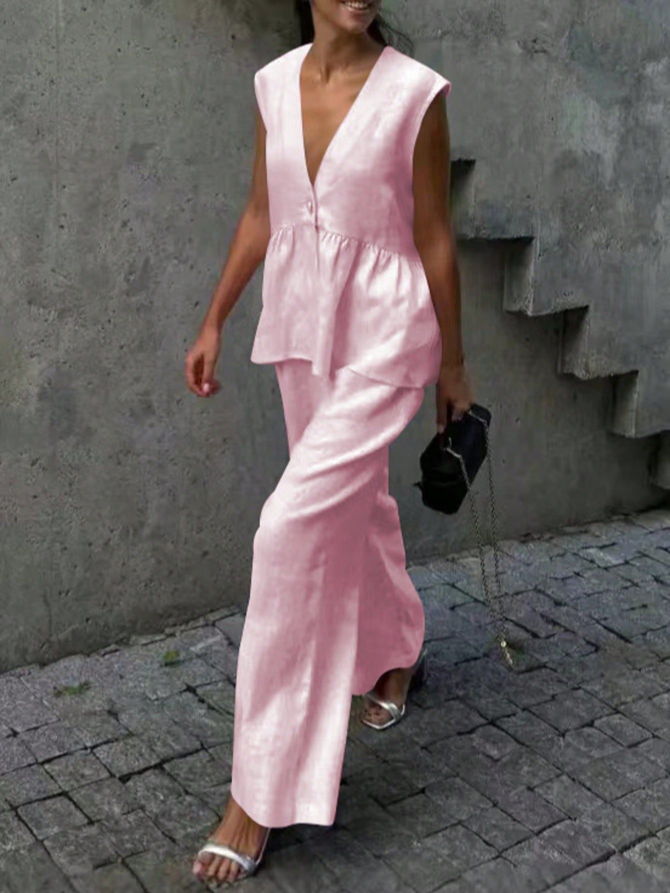 Sleeveless V-Neck Peplum Top and Wide-Leg Pants Set