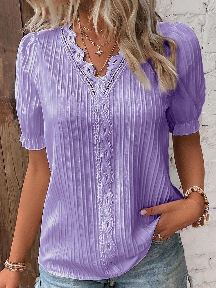Pleated Short-Sleeve Blouse with Lace V-Neck