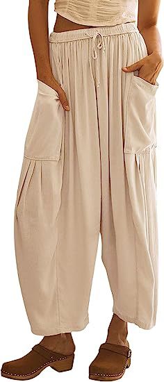 Wide-Leg Pleated Pants with Drawstring Waist and Patch Pockets