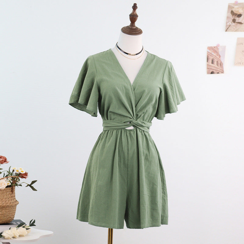 Wide-Leg Romper with V-Neck and Flutter Sleeves