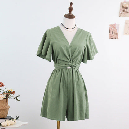 Wide-Leg Romper with V-Neck and Flutter Sleeves
