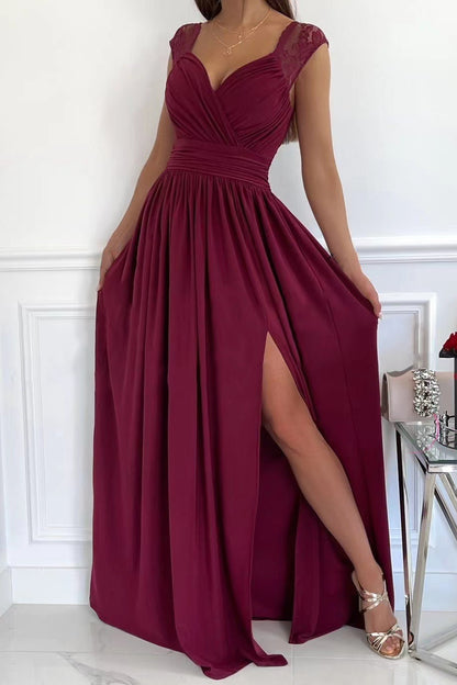 A-Line Maxi Dress with Ruched V-Neck and High Slit