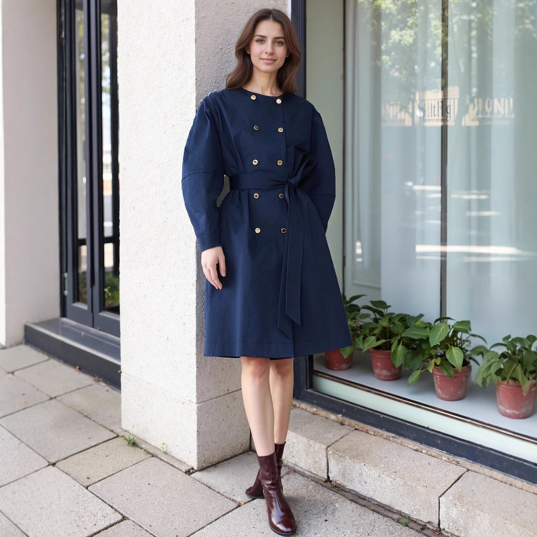A-Line Midi Coat Dress with Double-Breasted Buttons and Belt