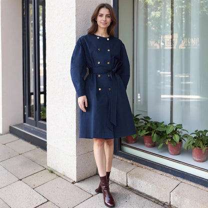 A-Line Midi Coat Dress with Double-Breasted Buttons and Belt