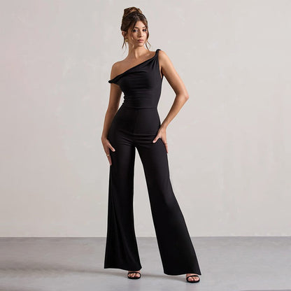 Sleeveless Slant Shoulder Lace-Up Trousers Black, Brown, Burgundy