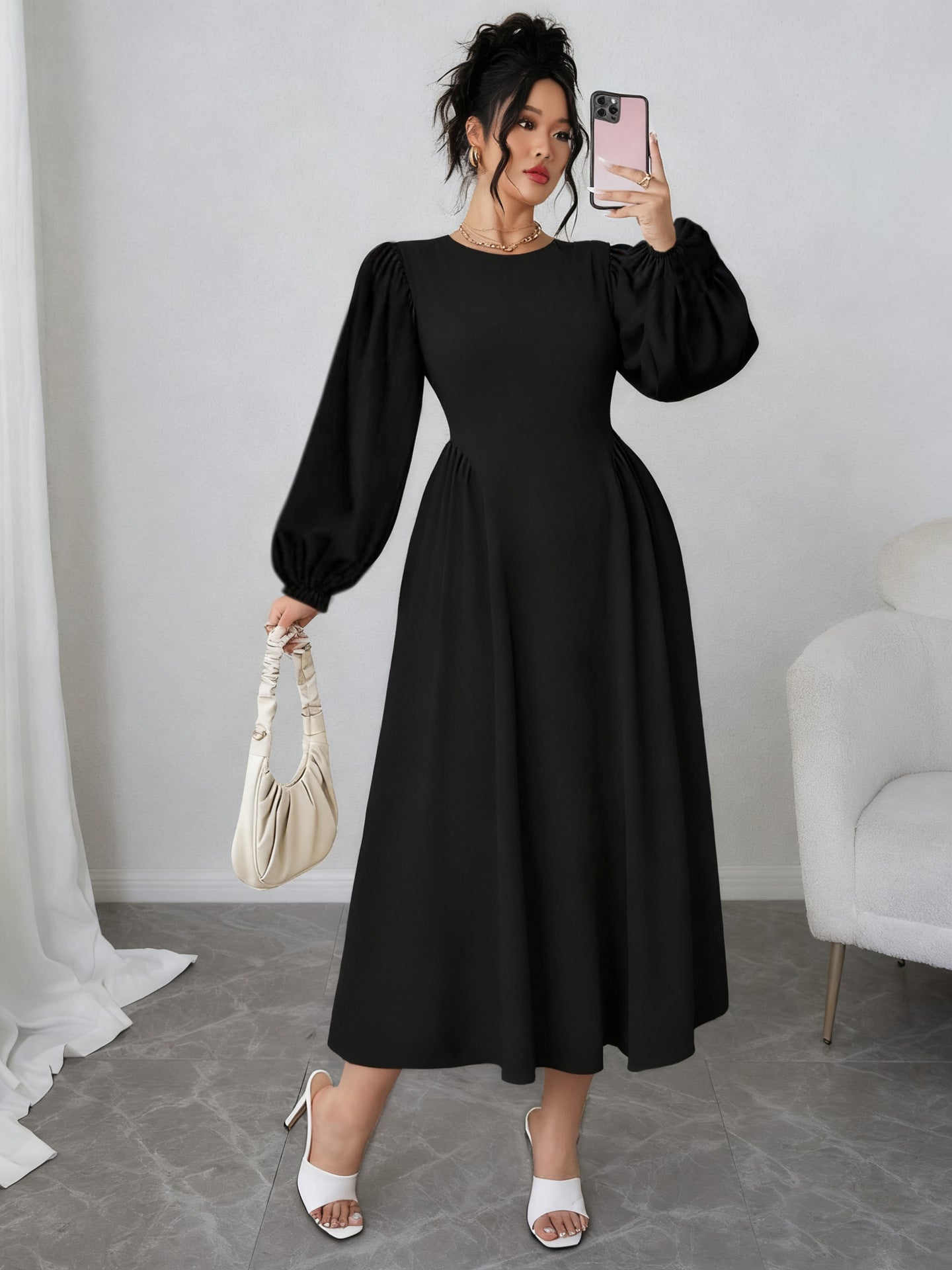 A-Line Midi Dress with Puff Sleeves and High Waist