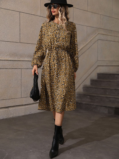 Leopard Print Midi Dress with Long Puff Sleeves and Drawstring Waist