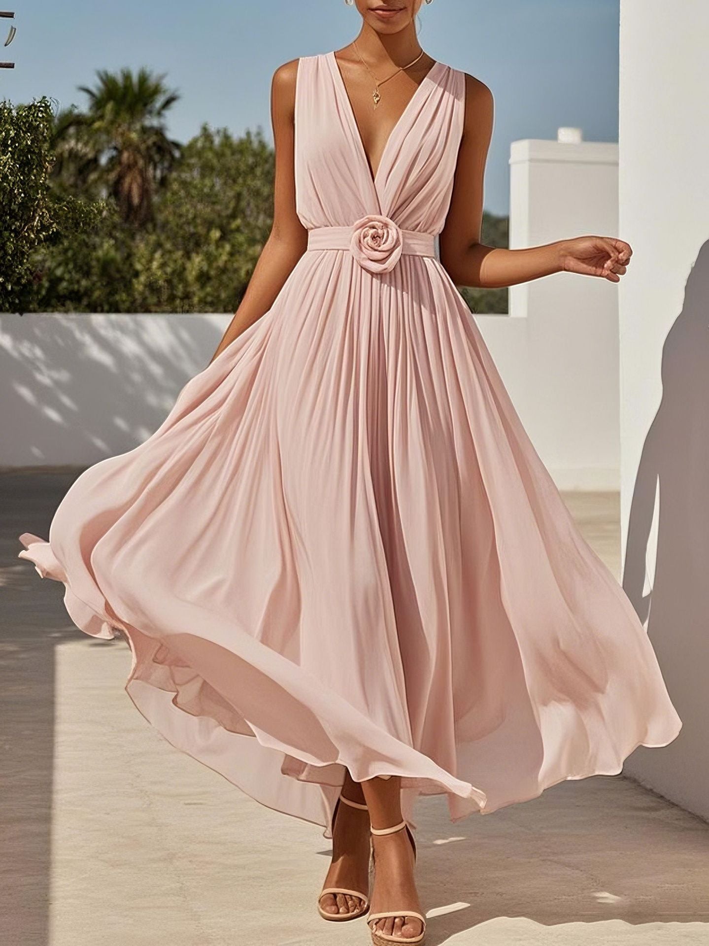 Pleated A-Line Maxi Dress with Deep V-Neck and Sleeveless