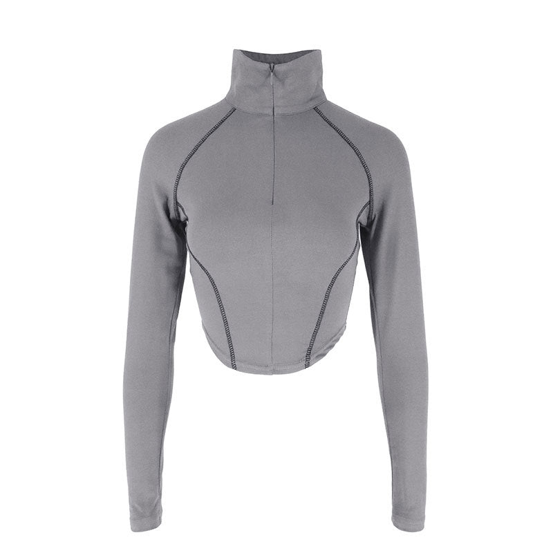 Bodycon Cropped Top with Quarter-Zip and Contrast Stitching