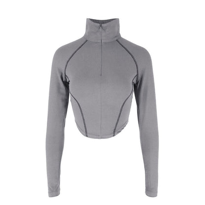 Bodycon Cropped Top with Quarter-Zip and Contrast Stitching