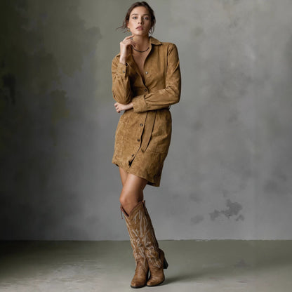 Faux Suede Shirt Dress with Polo Collar and Belt