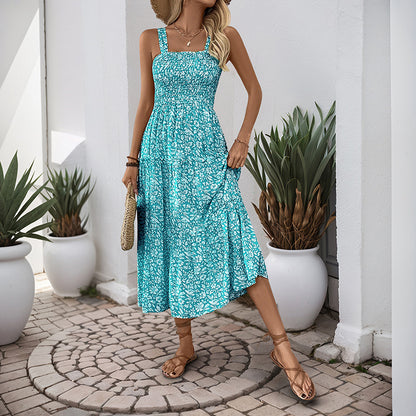 Floral Print A-Line Maxi Dress with Smocked Bodice