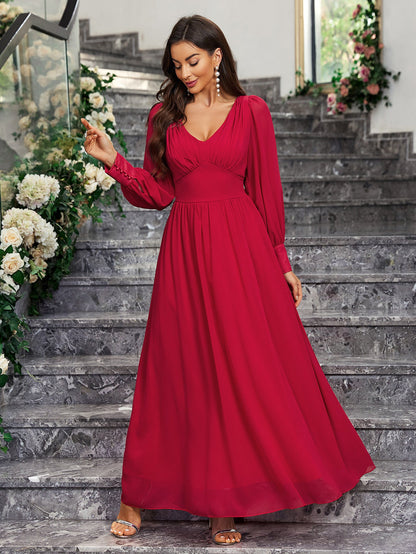 A-Line Chiffon Maxi Dress with V-Neck and Long Sleeves