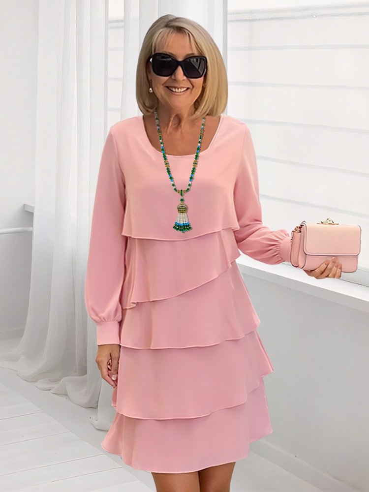 Tiered Ruffle Dress with Round Neck and Long Sleeves