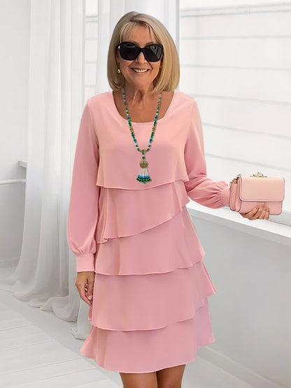 Tiered Ruffle Dress with Round Neck and Long Sleeves