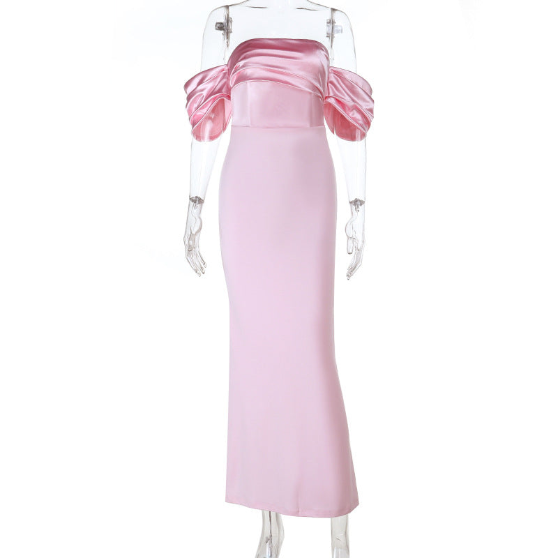 Off-the-Shoulder Satin Column Dress with Puff Sleeves