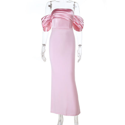 Off-the-Shoulder Satin Column Dress with Puff Sleeves