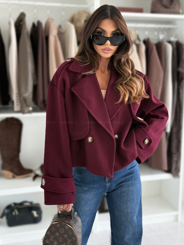 Solid Cropped Jacket with Lapel Collar and Double-Breasted Buttons