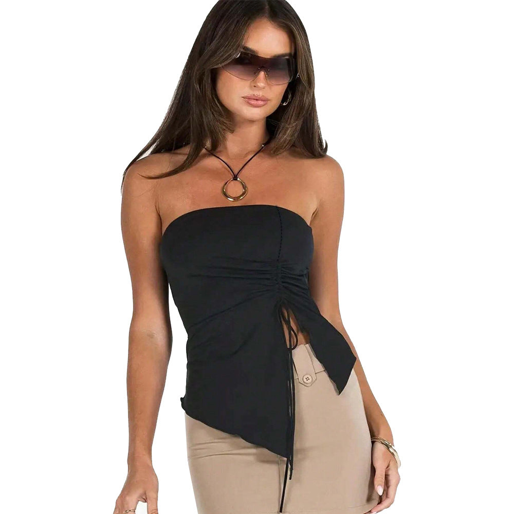 Asymmetrical Tube Top with Ruched Drawstring Detail