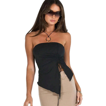 Asymmetrical Tube Top with Ruched Drawstring Detail