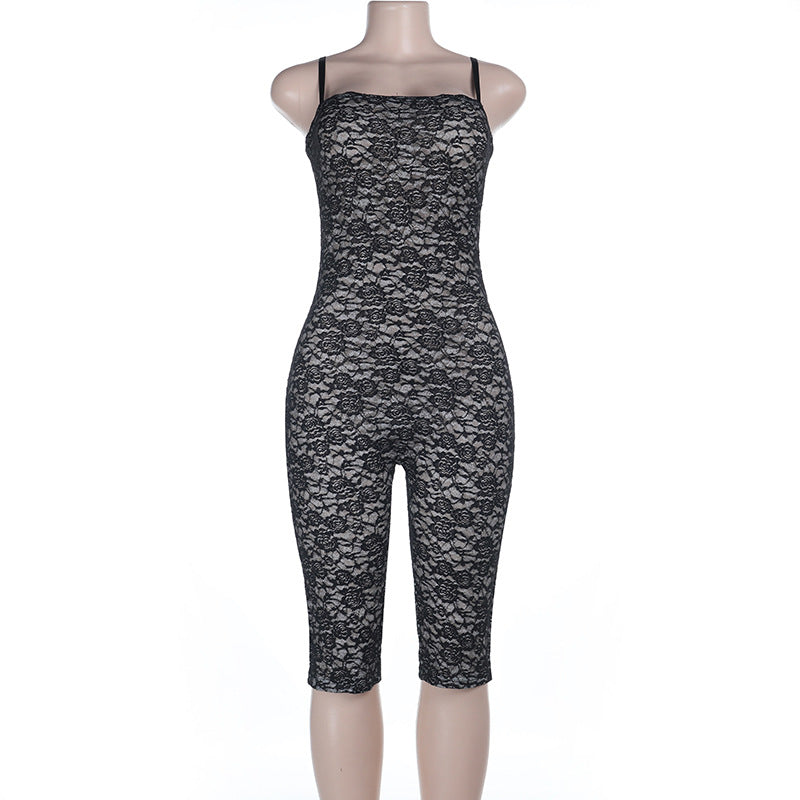 Bodycon Lace Jumpsuit with Spaghetti Straps and Cropped Leg