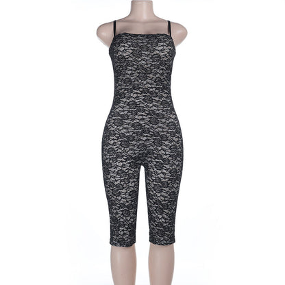 Bodycon Lace Jumpsuit with Spaghetti Straps and Cropped Leg