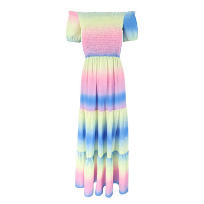Rainbow Tie-Dye Maxi Dress with Off-Shoulder Smocked Bodice and Tiered Skirt