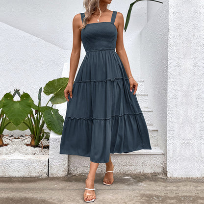 Solid A-Line Midi Dress with Smocked Bodice & Tiered Skirt