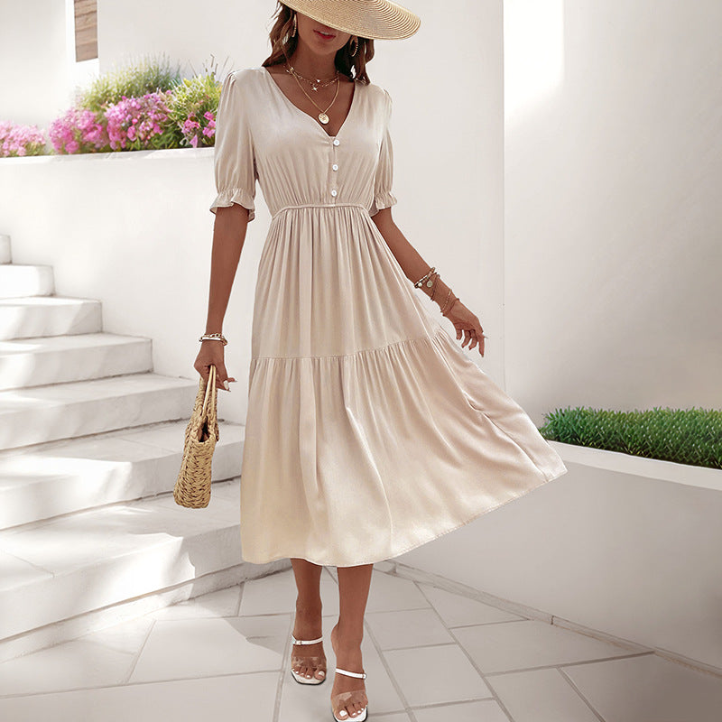 A-Line Tiered Midi Dress with V-Neck and Puff Sleeves