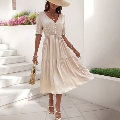 A-Line Tiered Midi Dress with V-Neck and Puff Sleeves