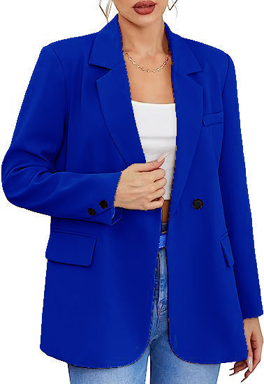 Solid Double-Breasted Blazer with Notched Lapel and Flap Pockets