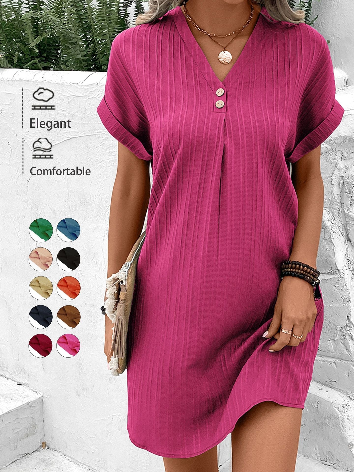 Ribbed A-Line Mini Dress with V-Neck and Button Detail