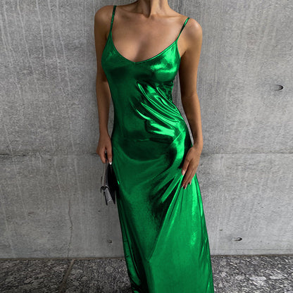 Metallic Slip Maxi Dress with V-Neck and Spaghetti Straps