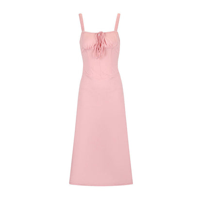 Solid Pink A-Line Slip Dress with Corset Bodice and Tie Front