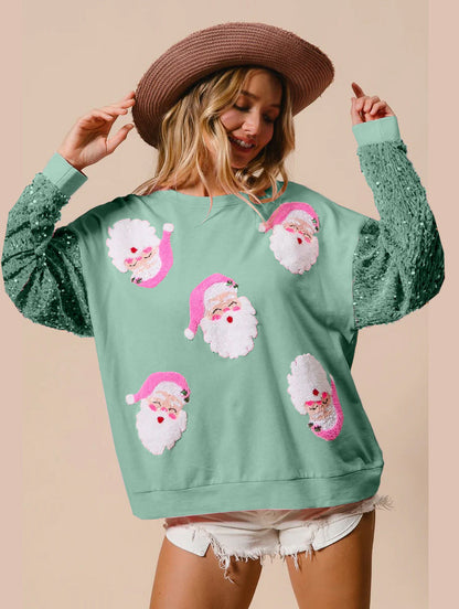 Loose Fit Santa Patch Pullover with Sequin Sleeves
