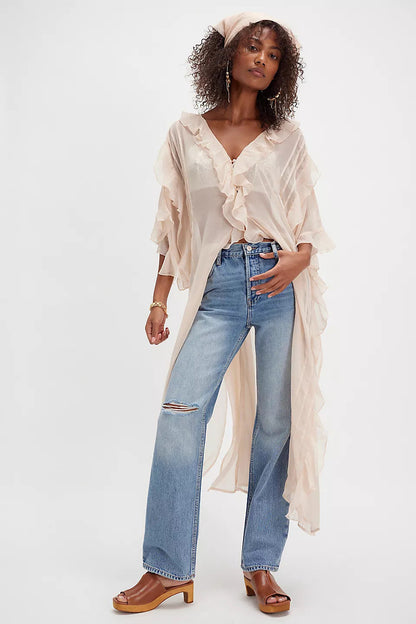 Asymmetrical Ruffled Chiffon Duster with Dolman Sleeves
