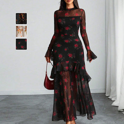Floral Print Tiered Maxi Dress with Ruffle Sleeves