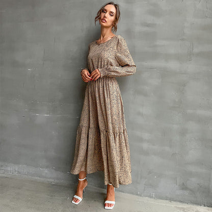 Leopard Print A-Line Maxi Dress with Elastic Waist and Tiered Skirt