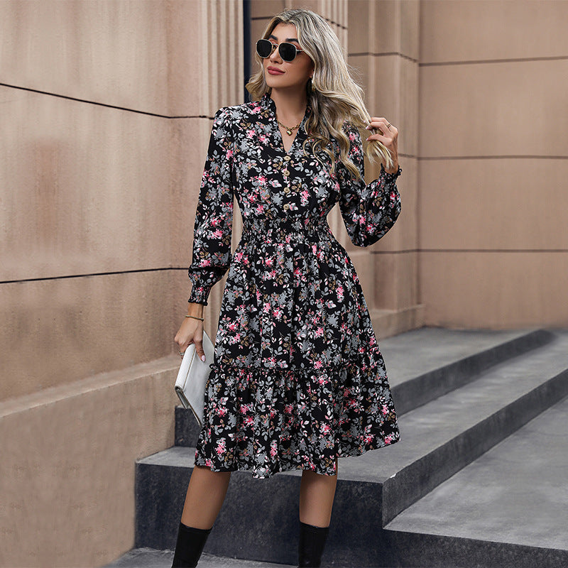 Floral A-Line Midi Dress with V-Neck and Shirred Waist