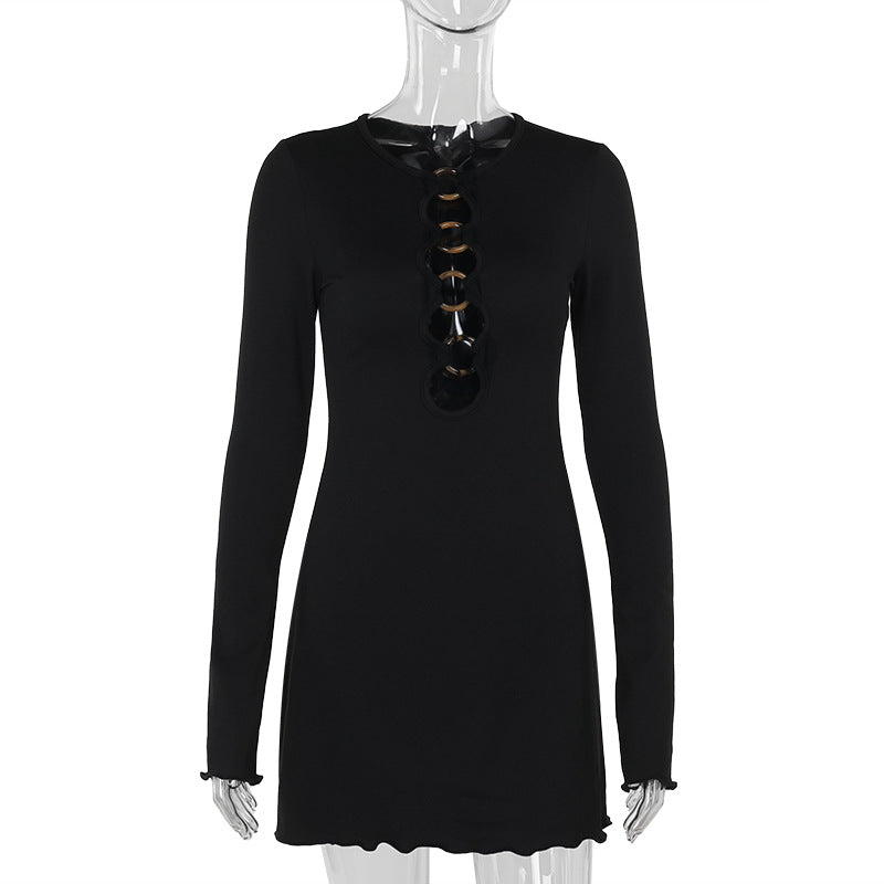 Knitted Cut Out Long-Sleeved Hip Dress Black
