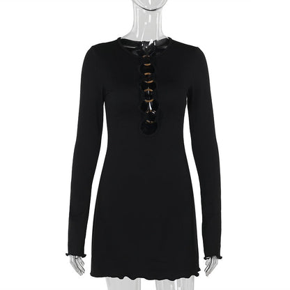 Knitted Cut Out Long-Sleeved Hip Dress Black