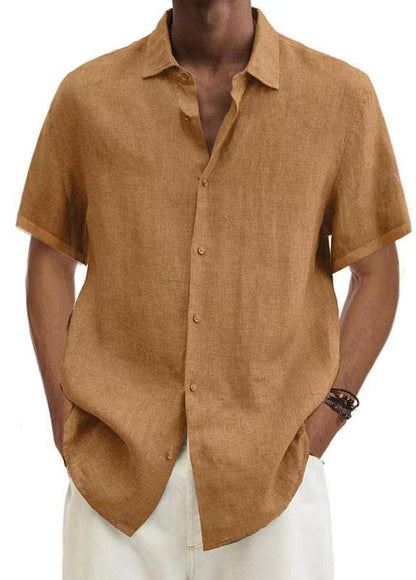 Solid Linen-Blend Short Sleeve Button-Down Shirt