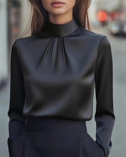 Satin Long-Sleeved Blouse with Stand Collar and Pleats