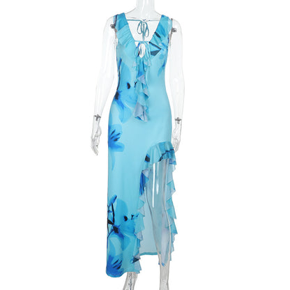Floral Print Maxi Dress with Ruffled V-Neck and High Slit
