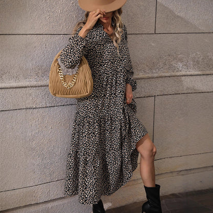 Tiered Leopard Print Maxi Dress with V-Neck and Long Sleeves